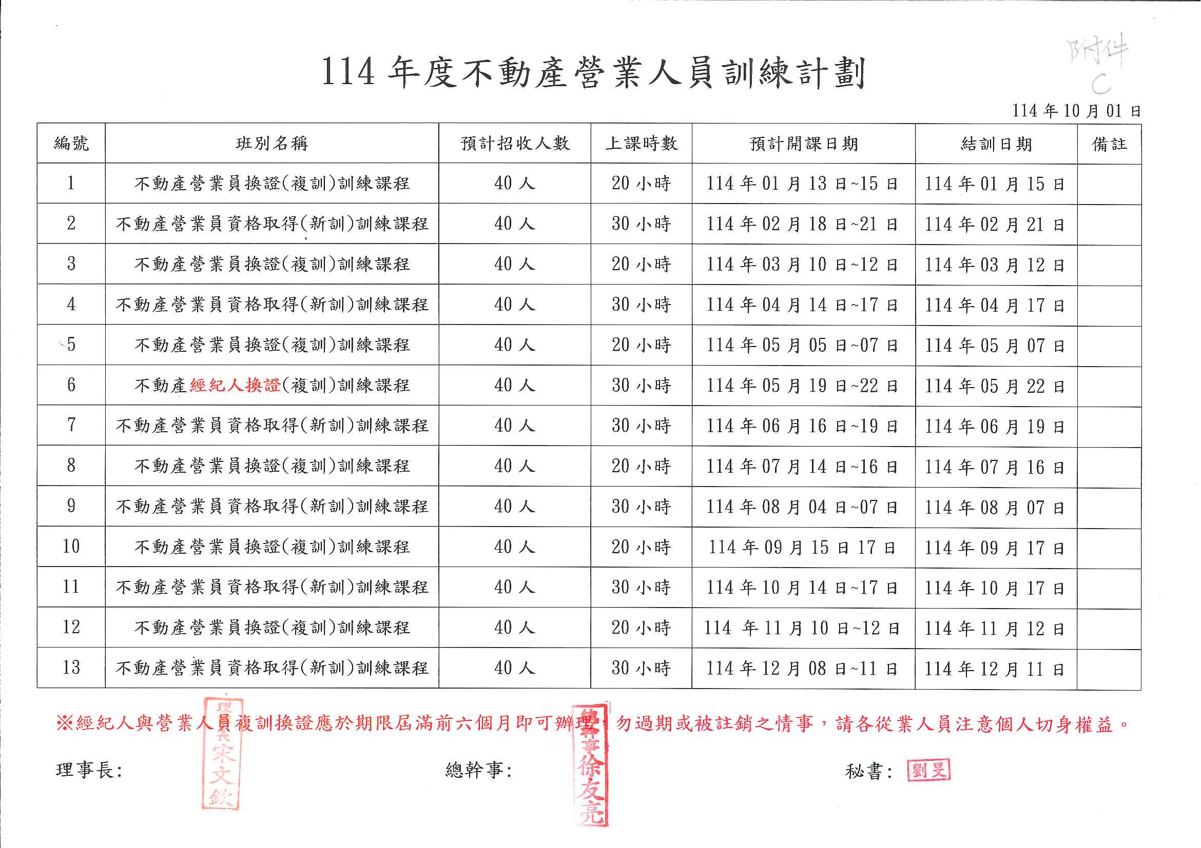 114年度不動產經紀營業人員訓練計劃